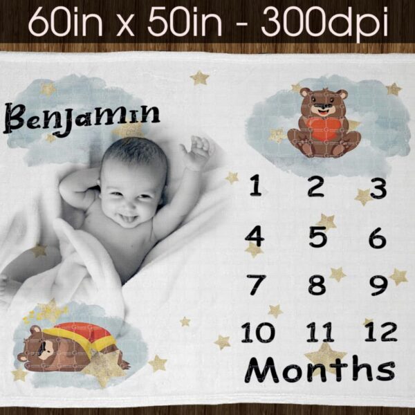 Bear Baby Milestone Blanket Digital Design for Sublimation, DTG print, Blanket design, clouds and stars
