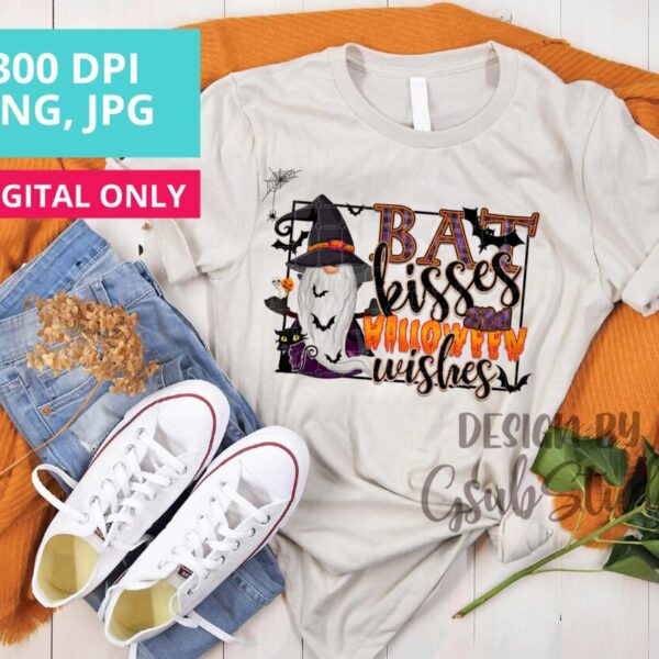 Halloween Gnome Sublimation design, Bat kisses Halloween wishes Instant Download, Gnome For Holiday