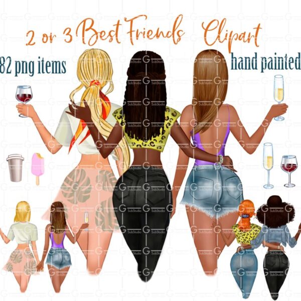 Best friends clipart PNG, Besties clipart, cocktails, fashion girls clipart, digital clipart, soul sisters clipart, customizable clipart PNG