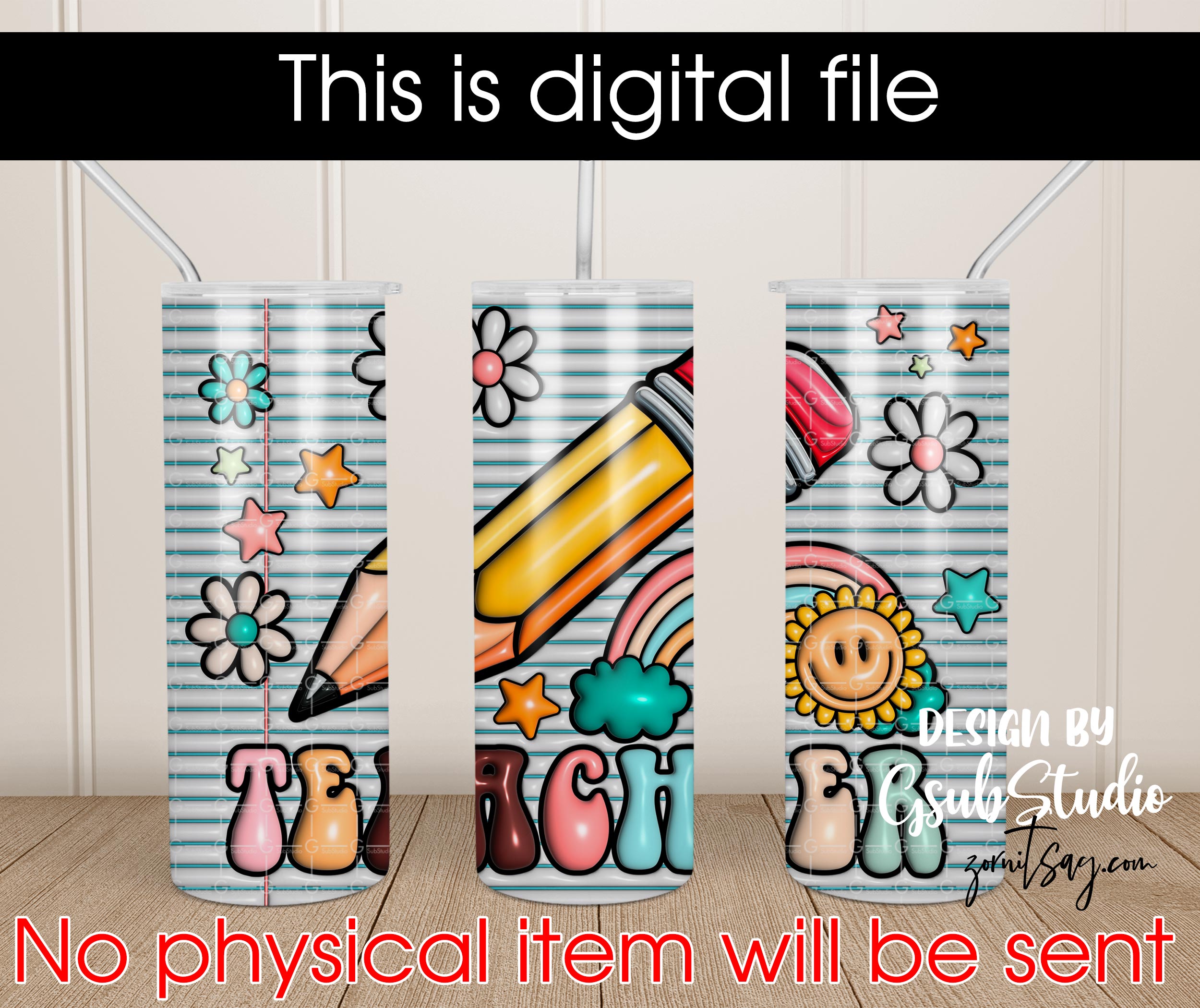 3D Inflated Teacher Tumbler Wrap, 3D Teacher Retro Puffy
